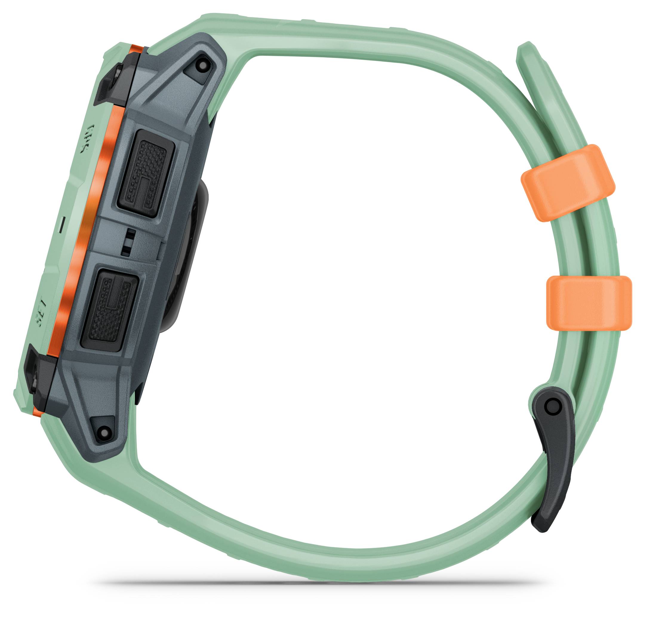 Eine Outdoor-Smartwatch mit einem robusten, grünen Armband und einem grauen Gehäuse. Sie hat mehrere Tasten und einen orangefarbenen Akzent.