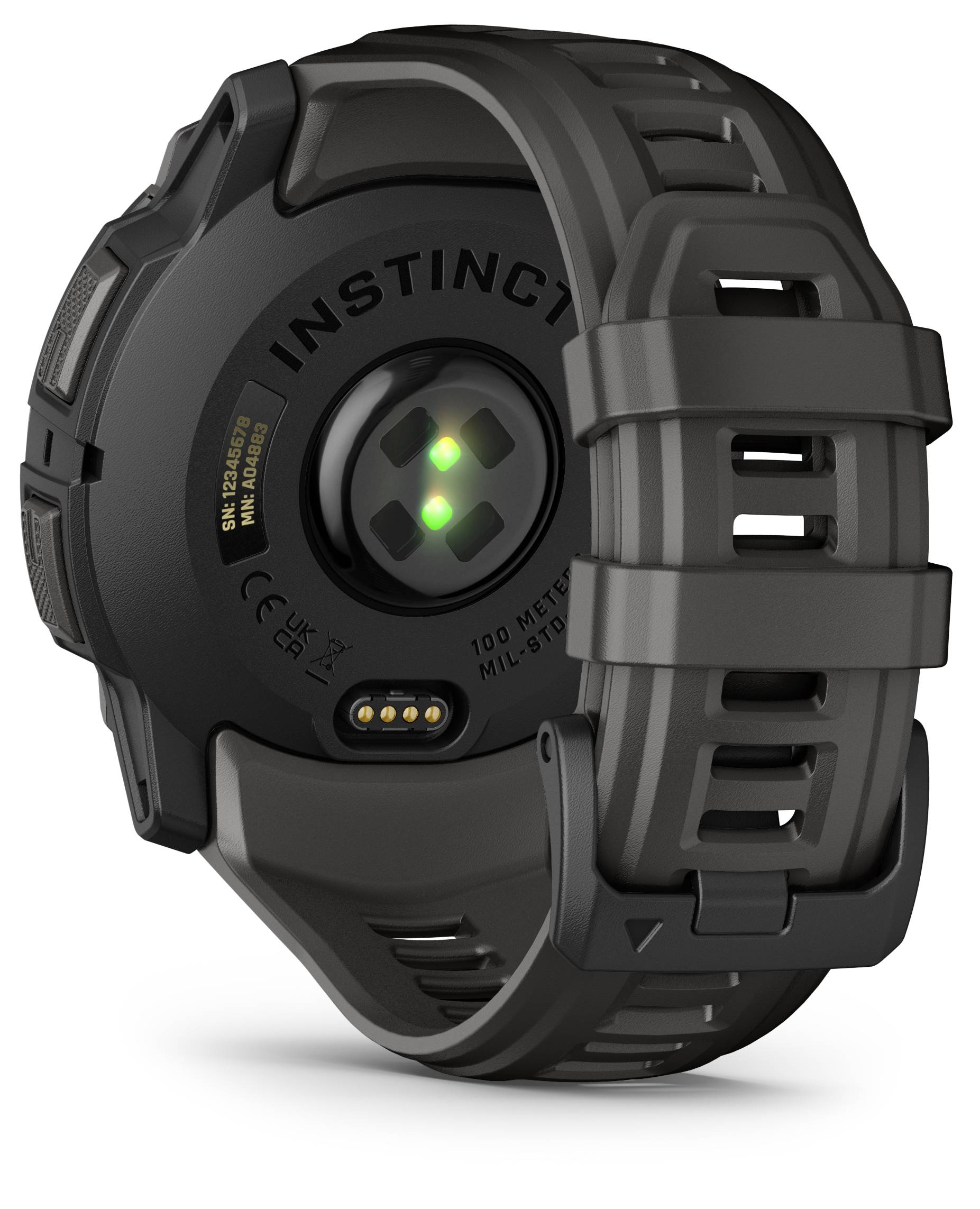 Eine schwarze Smartwatch-Rückseite mit einem optischen Herzfrequenzsensor in der Mitte und dem Schriftzug 'INSTINCT' oben.