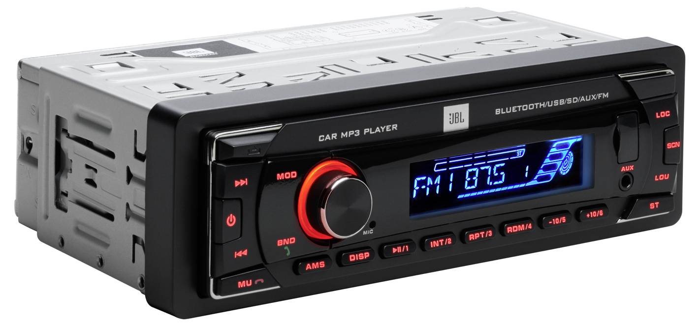 Autoradio mit Display zeigt 'FM 87.5'. Knöpfe und Drehregler für Lautstärke und Einstellungen sind sichtbar. Bluetooth- und USB-Funktion.