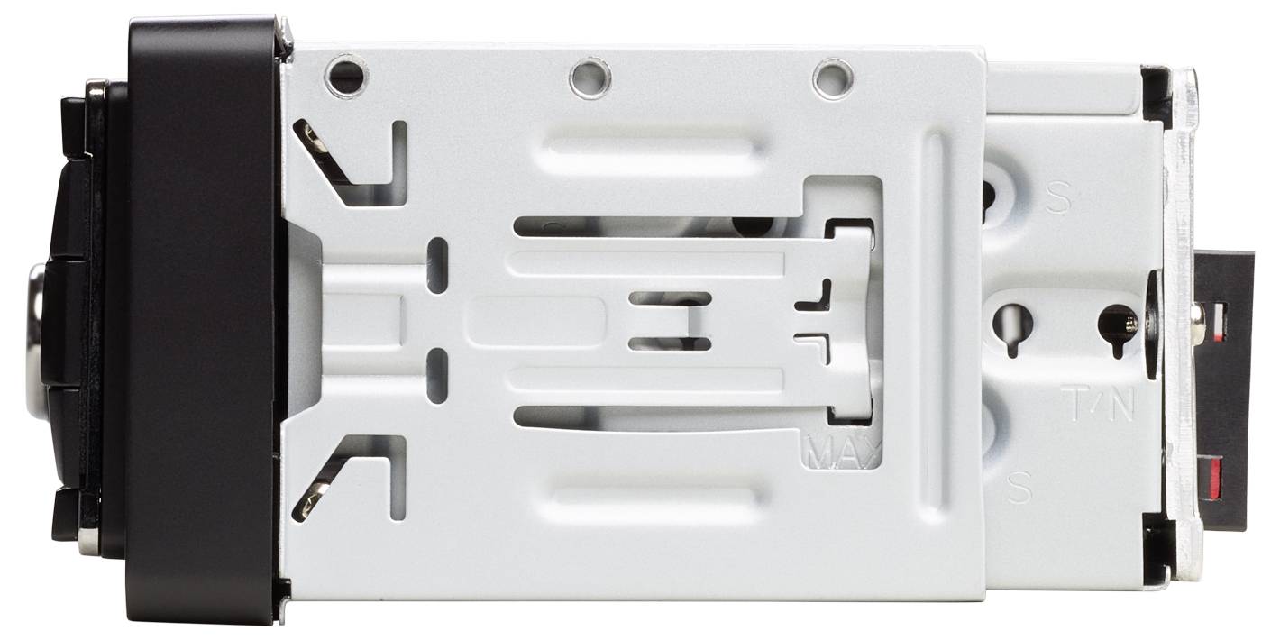 Ein Laufwerkschacht, möglicherweise ein Hot-Swap-Festplattenrahmen für Server. Auf der Metallstruktur befinden sich Schlitze und Schraubenlöcher.