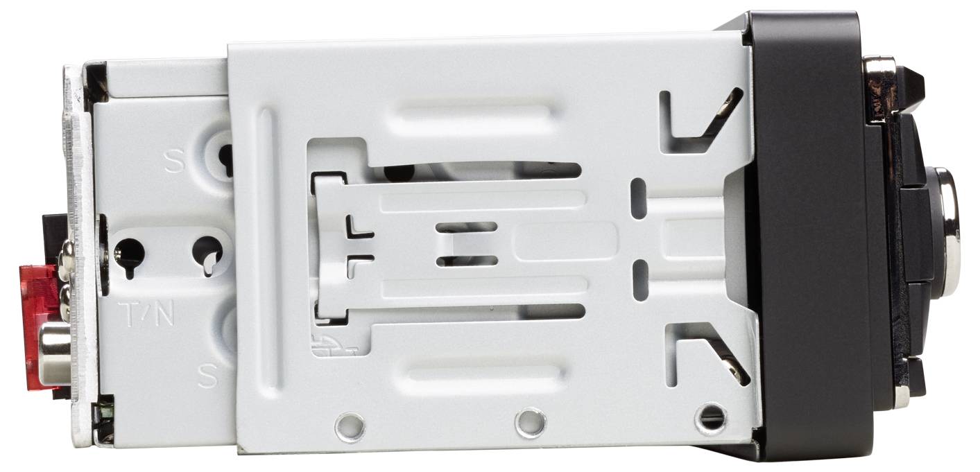 Autoradio-Rückseite mit Metallgehäuse und Anschlüssen, einschließlich rot/schwarzem Stecker links und Kreuzaussparung für Halterung.