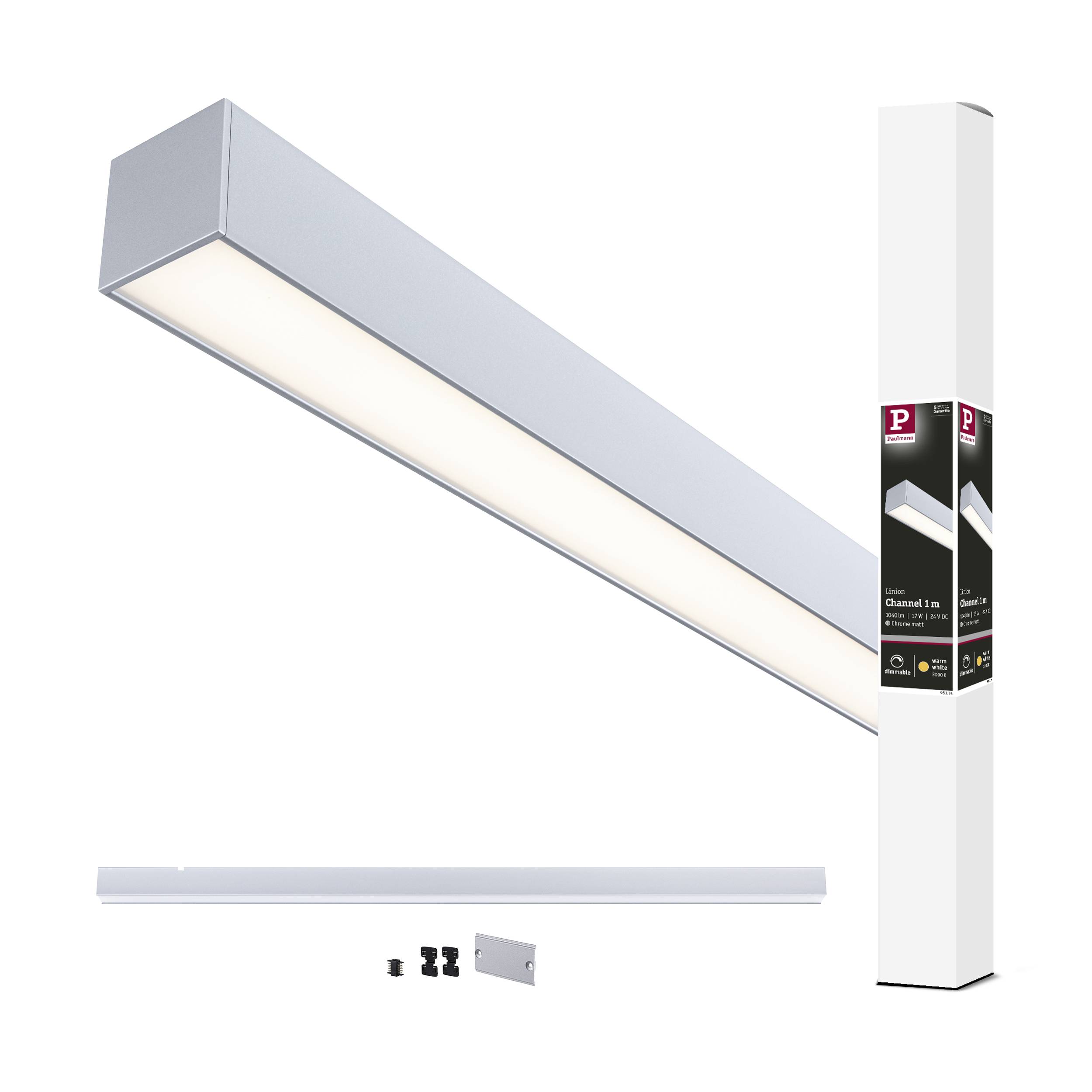 Hängende LED-Leuchte in modernem, rechteckigem Design mit Zubehör und Verpackung; geeignet für Büro- und Wohnräume.