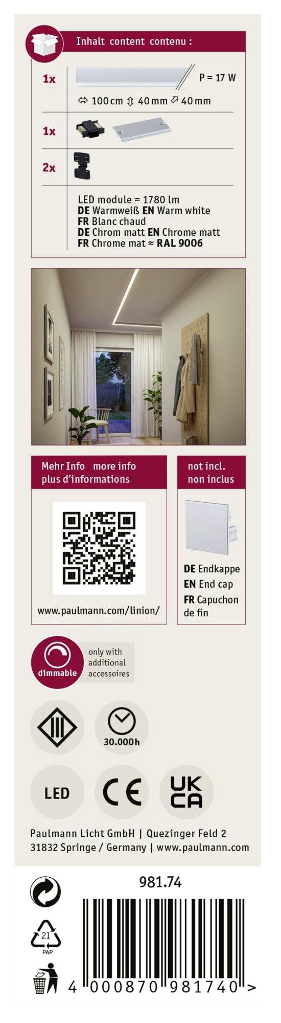 Produktetikett zeigt technische Details einer LED-Leuchte: Maße, Leistung (17 W), und Farbtemperatur. Enthält Symbole und Herstellerinformationen.