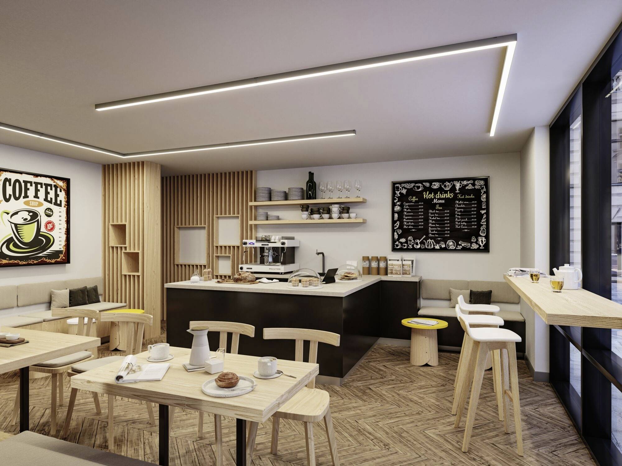 Ein modernes Café mit Holzmöbeln, Tabletts auf Tischen mit Tassen und Gebäck. An der Wand ein Schild mit Kaffeetasse.