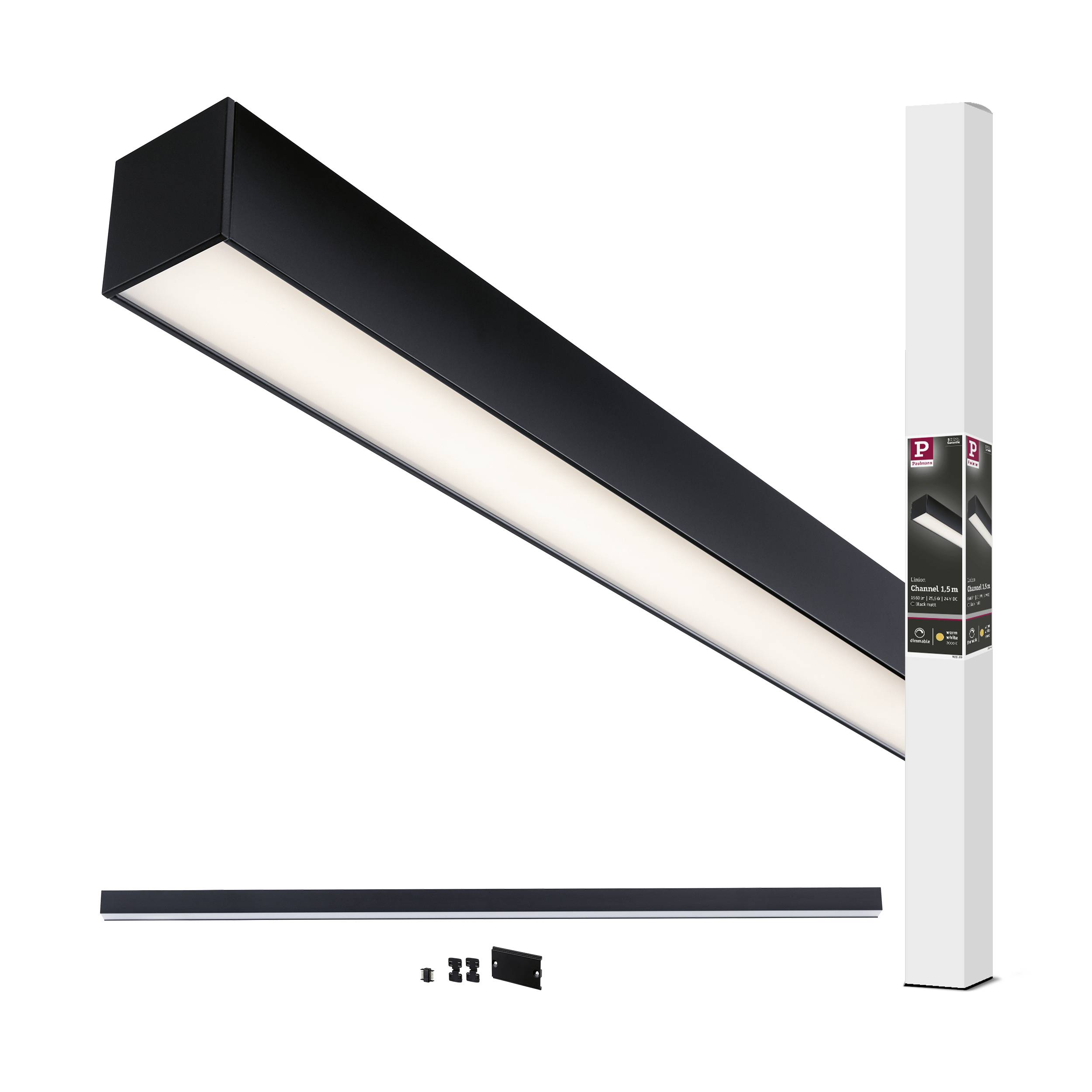 Schwarzer LED-Lichtbalken, länglich, mit Verpackung und Befestigungselementen gezeigt. Ideal für moderne Innenbeleuchtung.