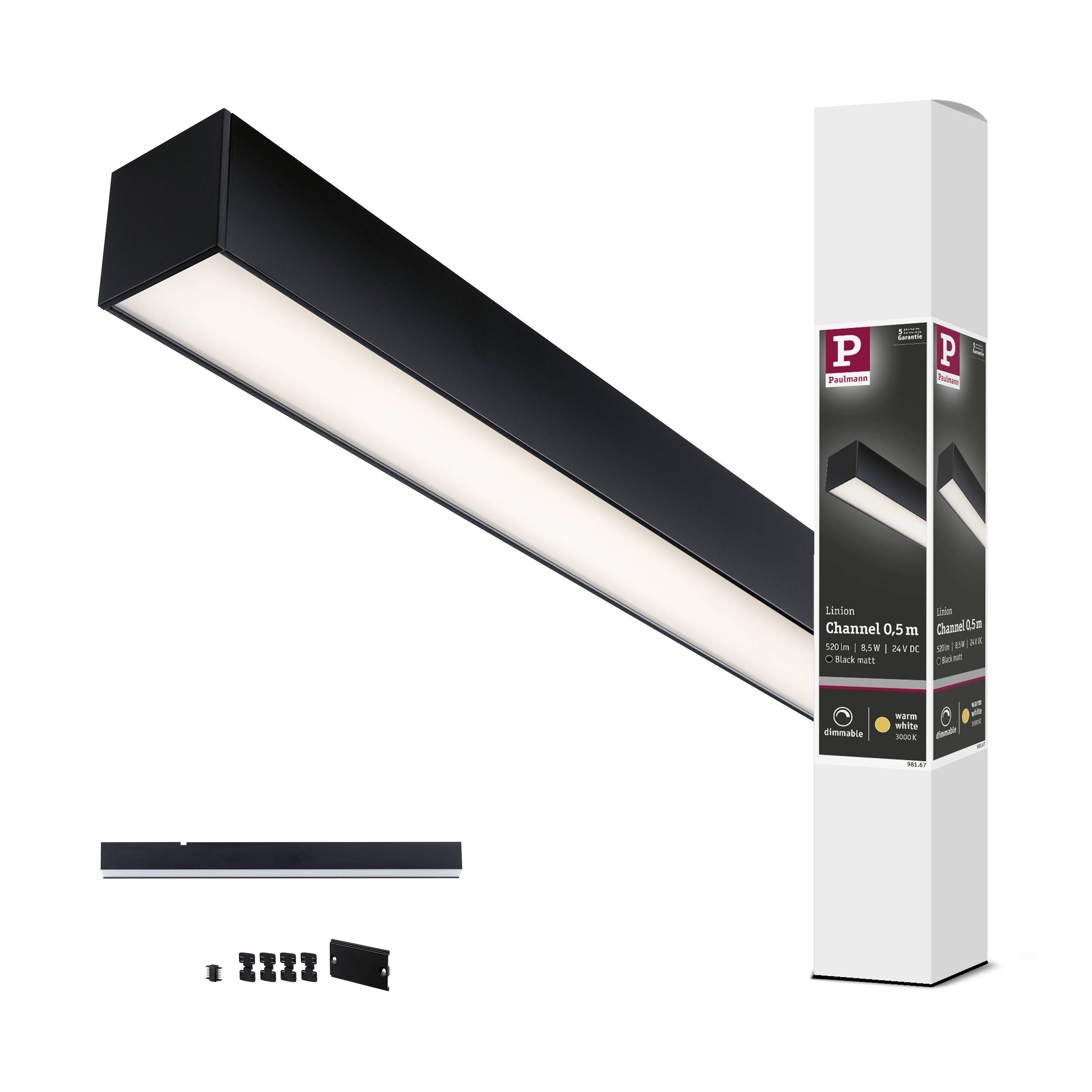 Schwarzer LED-Lichtkanal und Verpackung mit Zubehör. Ideal für gleichmäßige Raumbeleuchtung. Enthält Installationsmaterial.