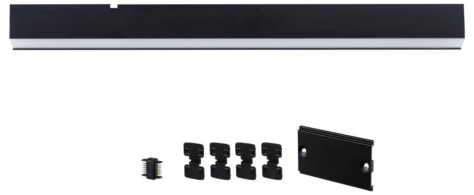 Ein langer, rechteckiger schwarzer Lichtbalken mit weißem Diffusor oben, vier schwarze Befestigungsclips, ein Stecker und eine Montageplatte.