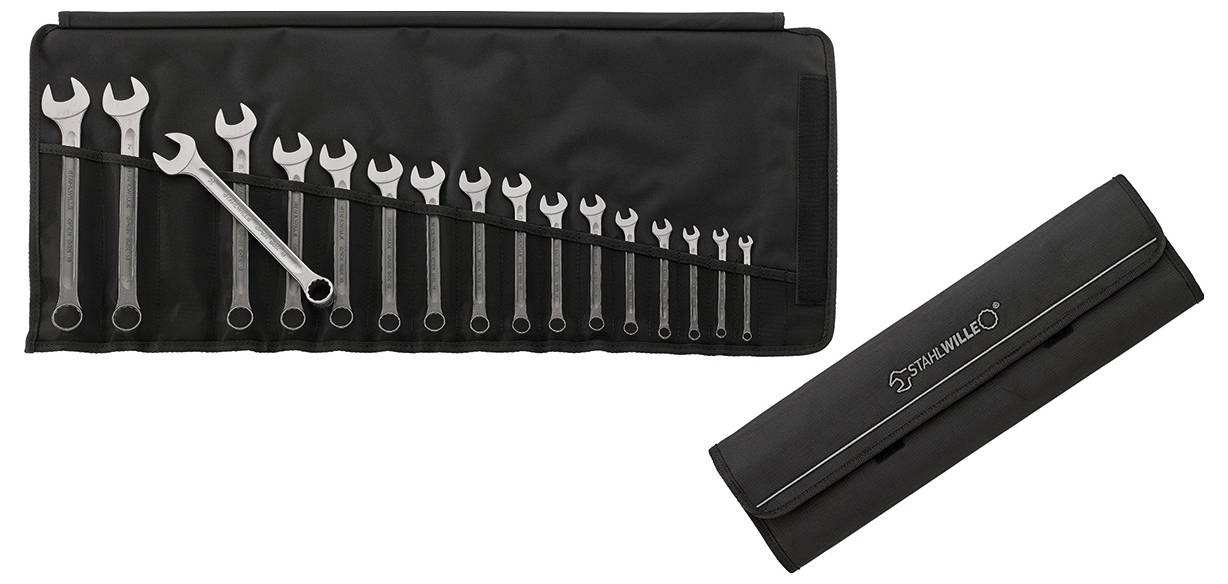 Ein offenes Werkzeugset mit 16 Gabelschlüsseln in verschiedenen Größen, geordnet in einer schwarzen Tragetasche.