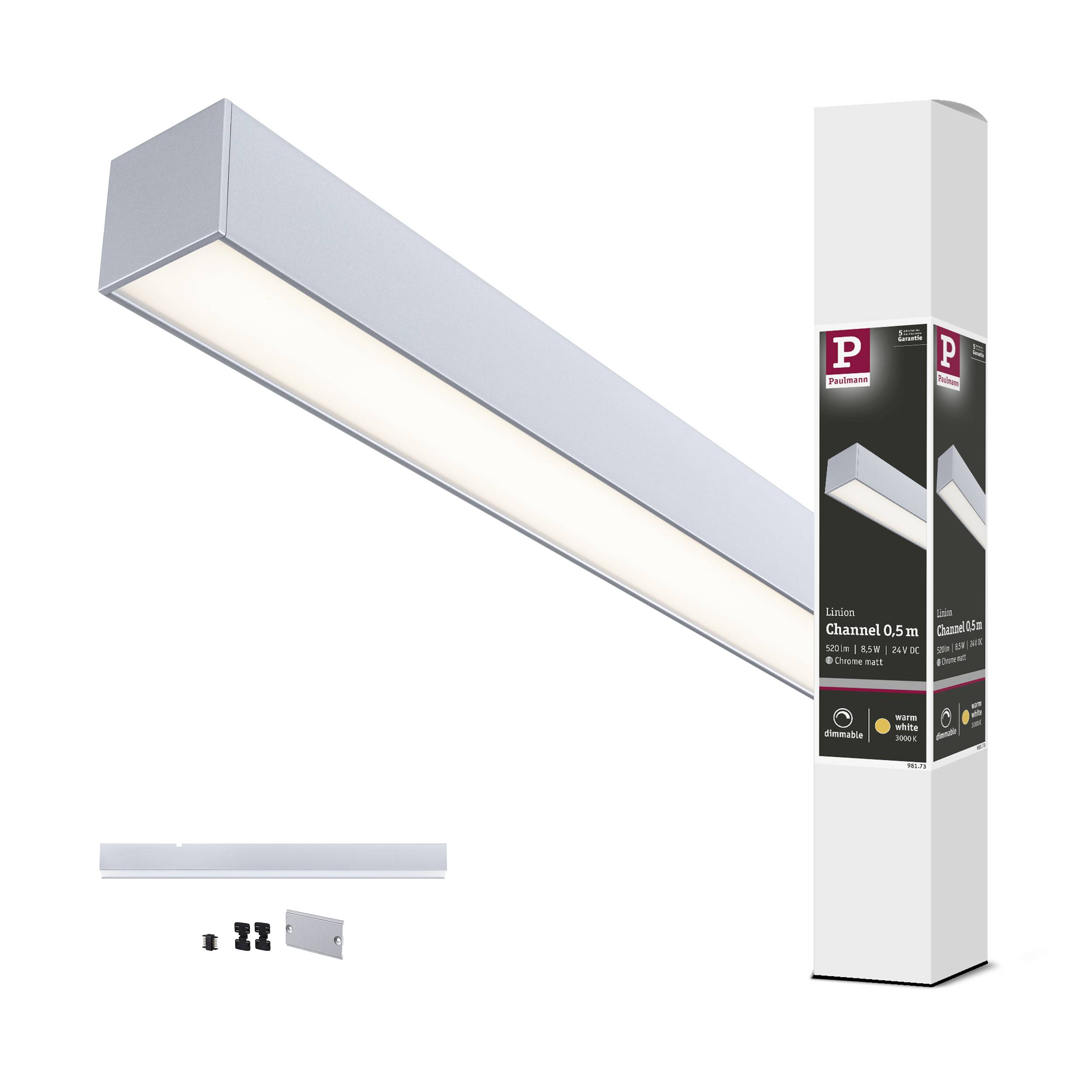 Eine silberne LED-Leiste mit Verpackung und Montagezubehör. Beleuchtungselement, ideal für moderne Innenräume.