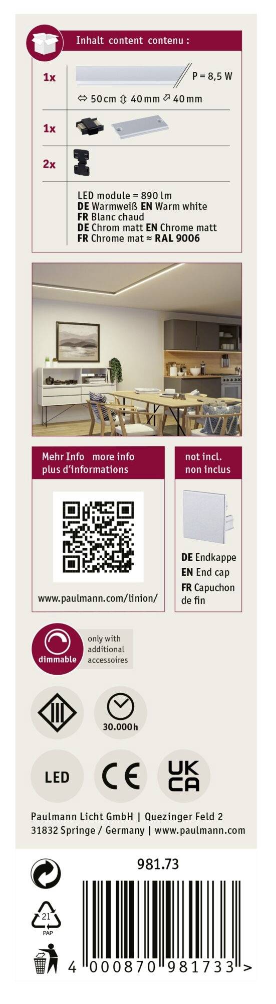 Packungsinhalt: 1x LED-Pendellampe, 2x Schrauben. LED-Modul: 8,5W, 650lm, 3000K. Bild einer Küche mit Lampe. QR-Code für mehr Infos online.