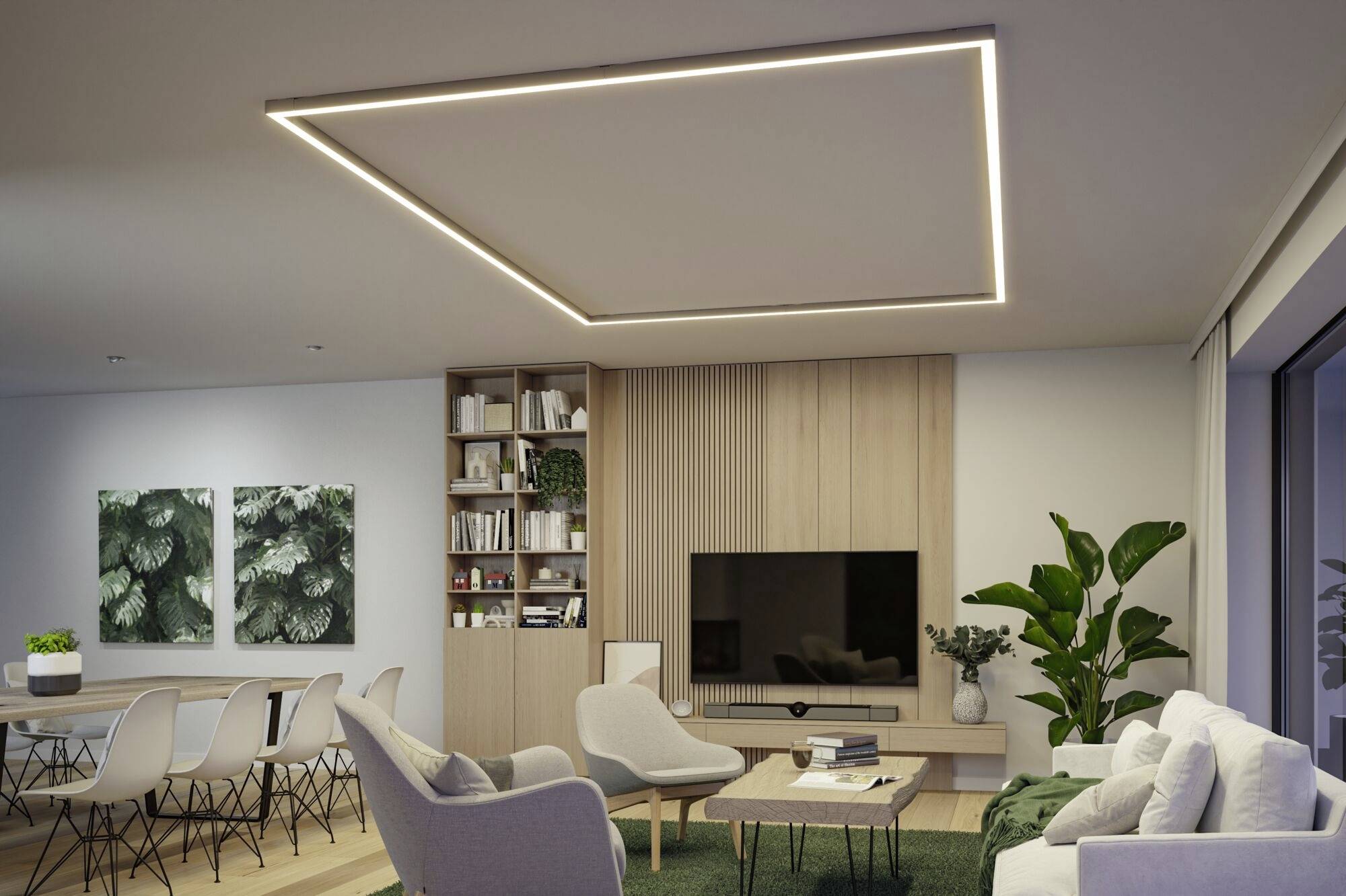 Modernes Wohnzimmer mit eleganter Möblierung: graue Sofas, ein hölzernes Bücherregal, ein großer Fernseher, Pflanzen und ein Essbereich.