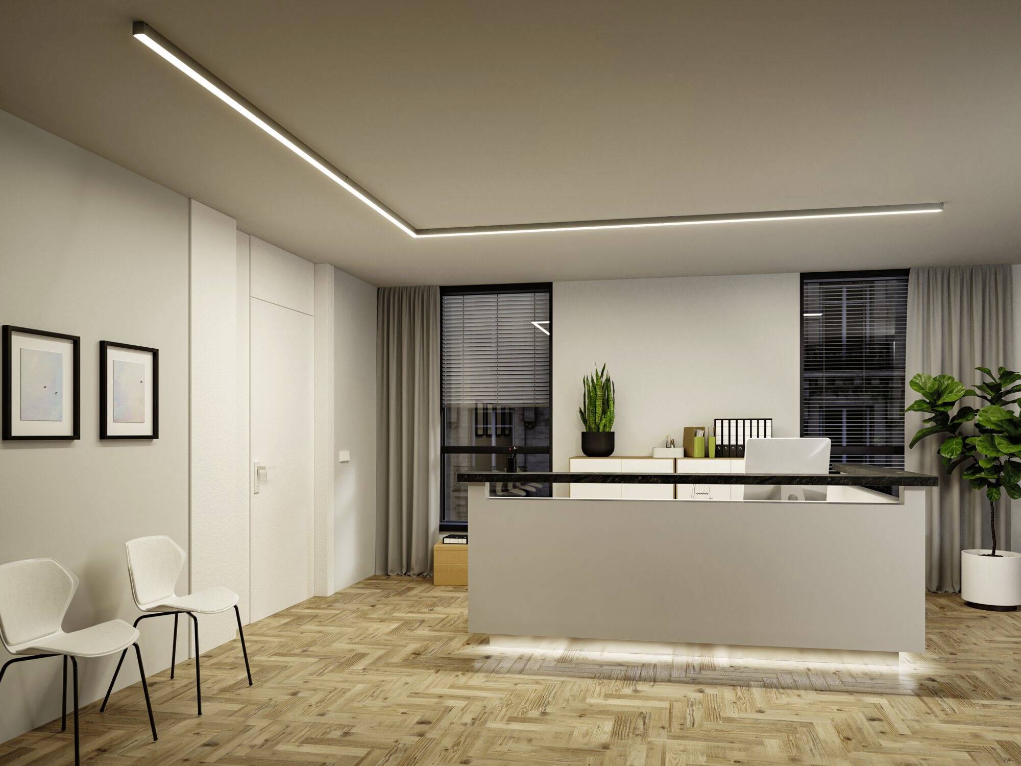 Moderne Empfangshalle mit hellem Holzboden, weißem Empfangstresen, Pflanzen und minimalistischer Beleuchtung.