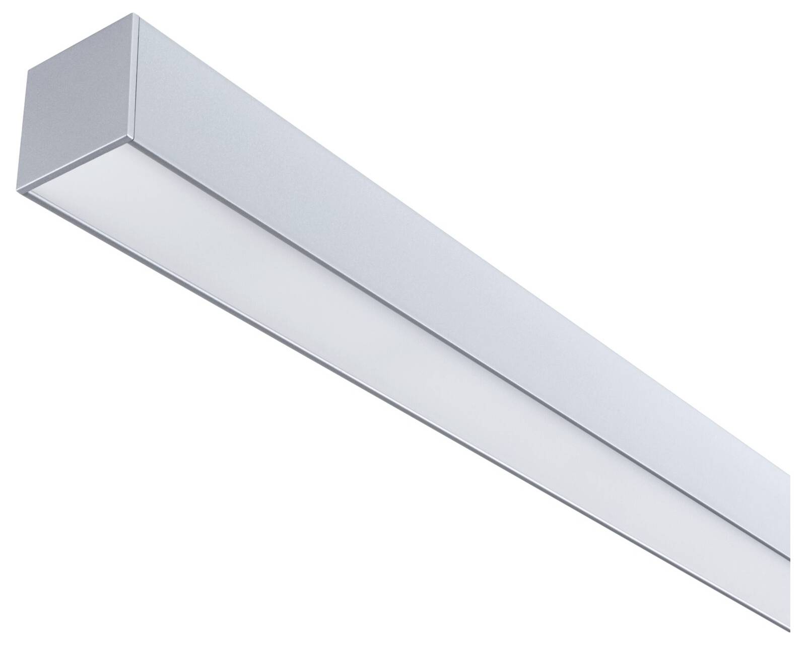 Eine moderne, rechteckige LED-Leuchte mit silbernem Gehäuse, geeignet für Deckenmontage in Innenräumen.