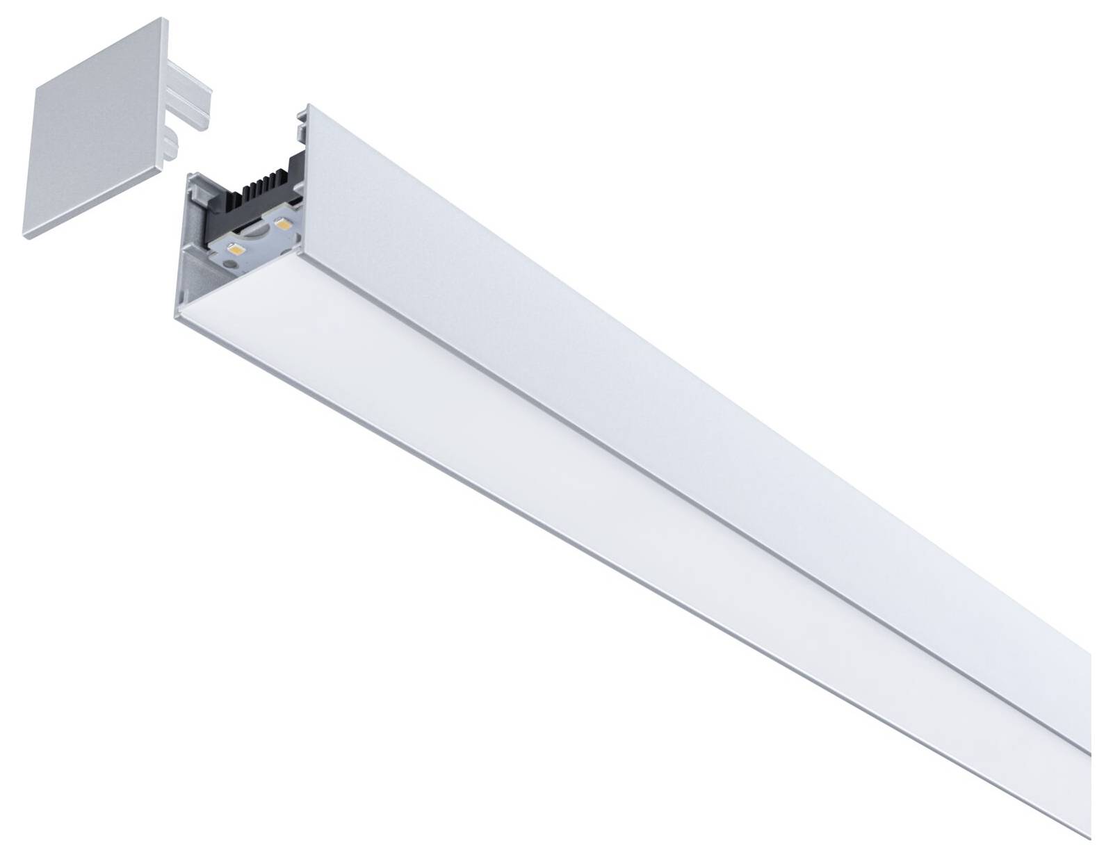 LED-Lichtleiste mit sichtbarem Teil des elektrischen Anschlusses, zeigt modernes, schlichtes Design ideal für Deckenmontage.