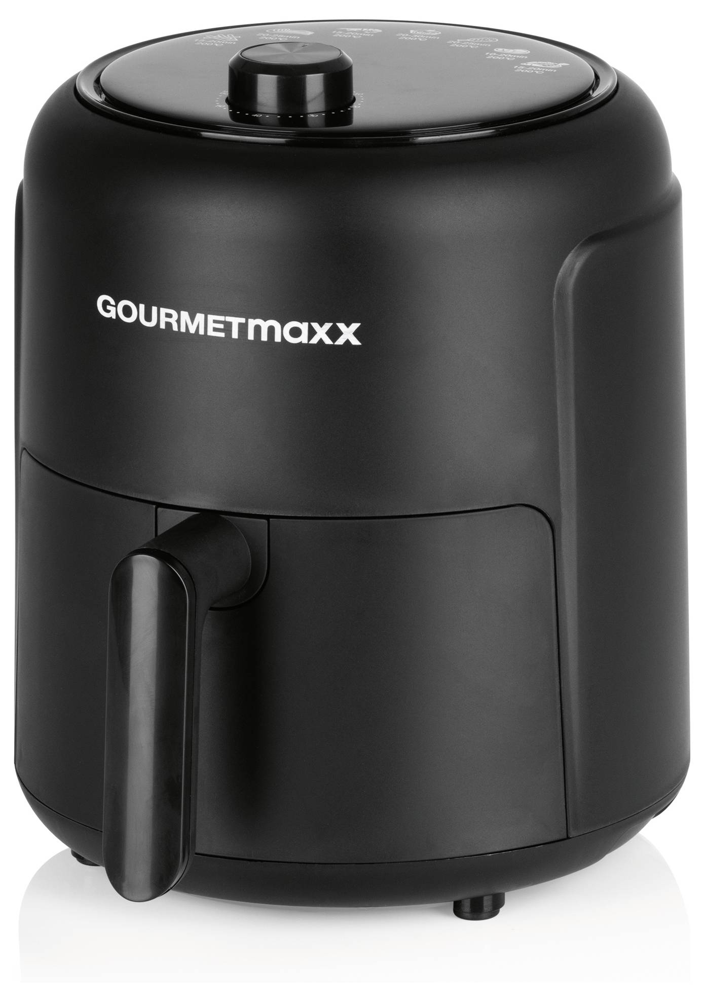Eine schwarze Heißluftfritteuse mit der Aufschrift 'GOURMETmaxx' auf der Vorderseite, mit einem Griff vorne sichtbar.