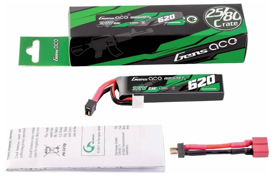 Lithium-Polymer-Batterie 620mAh mit Verpackung und Ladehinweis. Wird für Airsoft-Waffen verwendet. Enthält Kabel und Steckverbinder.