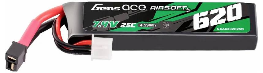 Eine Gens Ace Airsoft-Batterie mit einer Spannung von 7,4V, Kapazität von 620mAh und 25C Dauerentladung, geeignet für Airsoft-Geräte.