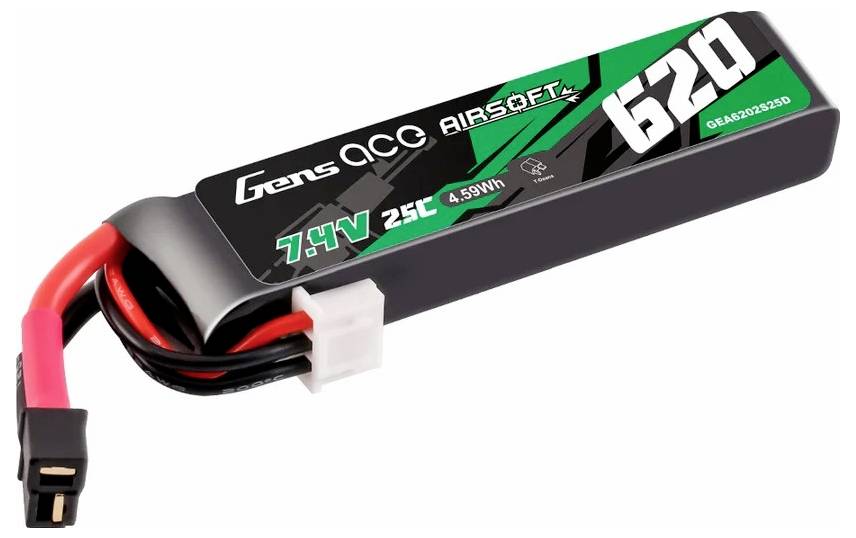 Ein aufladbarer Gens Ace Akku mit 7,4V, 25C, 620 mAh, speziell für Airsoft-Geräte entwickelt, mit roten und schwarzen Anschlusskabeln.