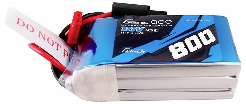 Akkupack mit Aufschrift '11.1V' und '800', mit roten und schwarzen Kabeln.