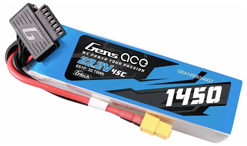 Lithium-Polymer-Akku mit blauer Verpackung, 11,1V, 45C, 1800mAh Kapazität. Rote und schwarze Kabel mit gelbem Stecker.