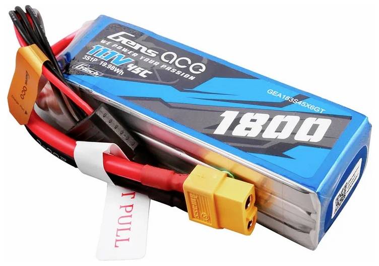 Gens Ace LiPo-Akku mit 11,1V, 45C, 1800mAh, blauer Akku mit gelbem Steckverbinder und roten Kabeln, für RC-Modelle.