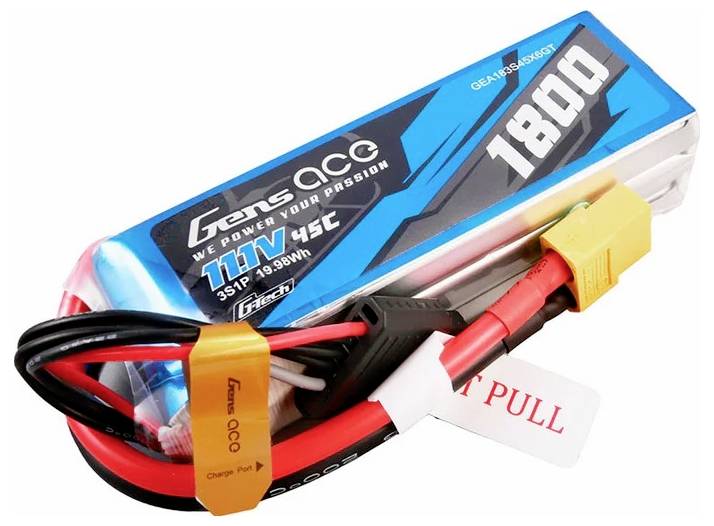 Ein blauer Lithium-Polymer-Akku mit der Aufschrift 'Gens Ace', 11,1 V, 1800 mAh, 35C, mit zwei herausragenden Kabelanschlüssen.