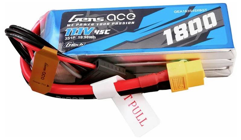 Blauer LiPo-Akku mit Kabeln und gelbem Stecker. Aufschrift: '11.1V 1800mAh 45C'. Geeignet für Modelle mit hoher Energiedichte.