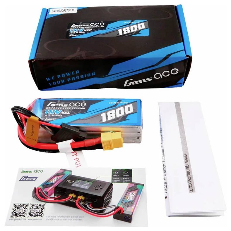 Batterie-Set mit blauer Verpackung, Kabeln und XT60-Anschluss. Inklusive Ladegerät, Handbuch und Hinweis zur 