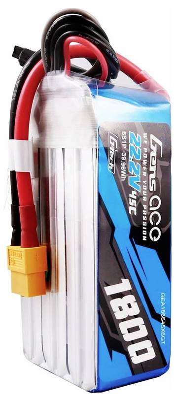 Ein Lithium-Polymer-Akku mit 22,2 V und 1800 mAh. Der Akku hat rote und schwarze Kabel und ist für Hochleistungsanwendungen gedacht.