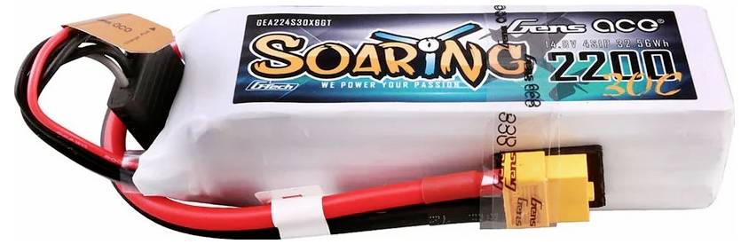 LiPo-Batterie der Marke 'Gens Ace' mit 2200 mAh und 11,1 V. Weiße Verpackung mit roten und schwarzen Kabeln und gelbem Anschluss.