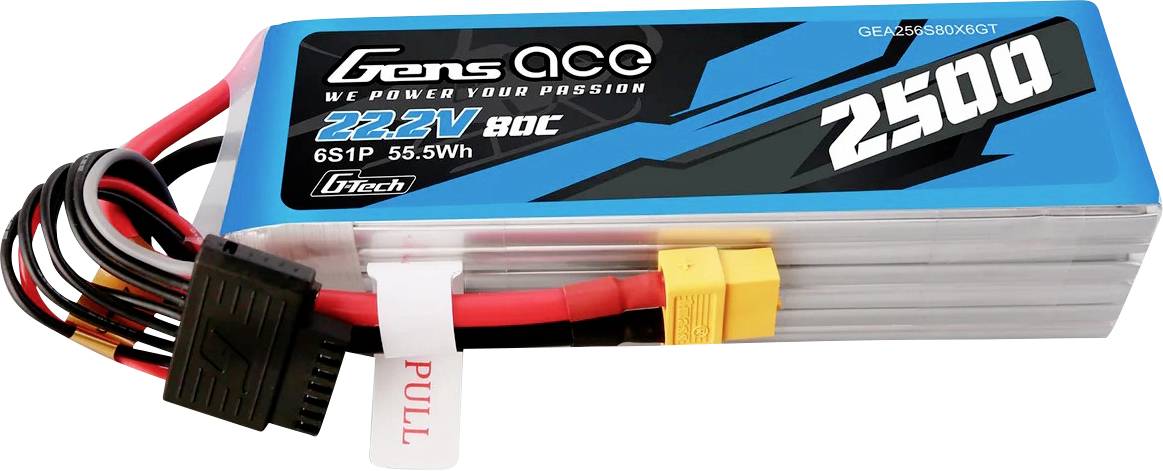 Akkupack Gens Ace 2500mAh, 22,2V, 80C, für RC-Modelle, mit schwarzen und roten Anschlusskabeln sowie gelbem Stecker.