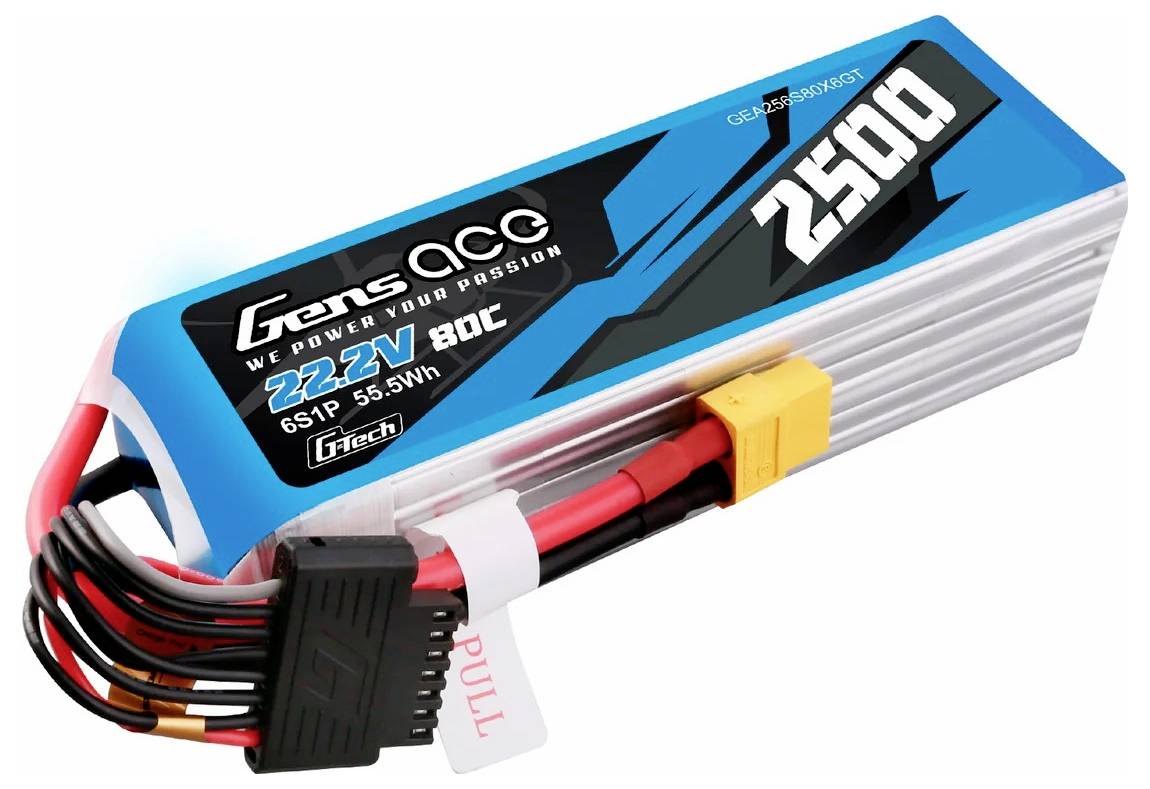 Ein blauer Lithium-Polymer-Akku mit der Aufschrift 'Gens Ace'. Kapazität: 2500 mAh, Spannung: 22,2 V, Entladungsrate: 80C.