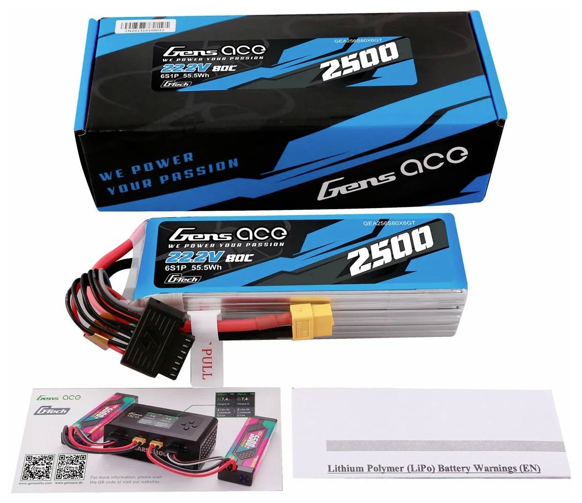 Gens ACE 2500mAh LiPo-Akku mit 11,1V und 25C, inklusive Ladekabeln und Warnhinweisen. Verpackung und Produktdokumentation sichtbar.