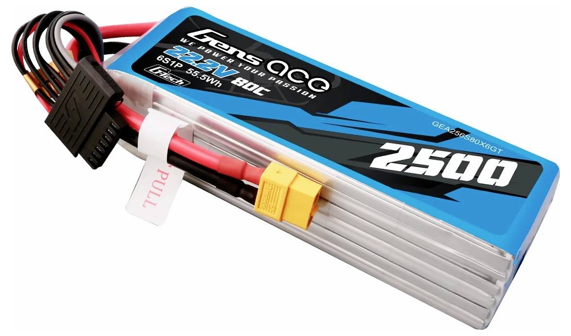 Blauer Lithium-Polymer-Akku mit 2500 mAh Kapazität und 80C Entladungsrate, mehrere Kabel und Anschlüsse an der Seite befestigt.