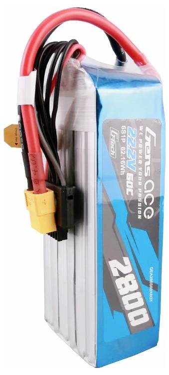 LiPo-Akku mit blauer Schutzverpackung und roten Anschlusskabeln, 22,2V, 60C, 2800mAh Kapazität, geeignet für RC-Fahrzeuge.