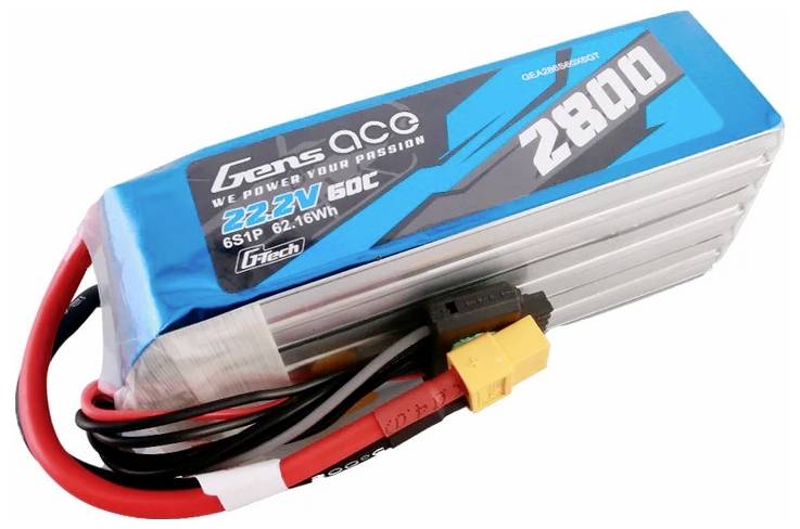 Rechteckiger blauer Akku mit Aufschrift 2800, 22.2V. Enthält rote und schwarze Kabel mit einem gelben Stecker.