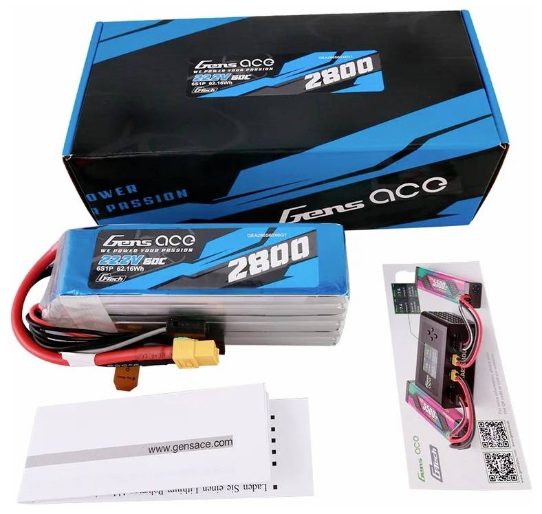 LiPo Akku von Gens Ace, 2800mAh, 7,4V, 2S1P, 60C. Beinhaltet Batteriepack, Verpackung, Kabel und Anleitung.