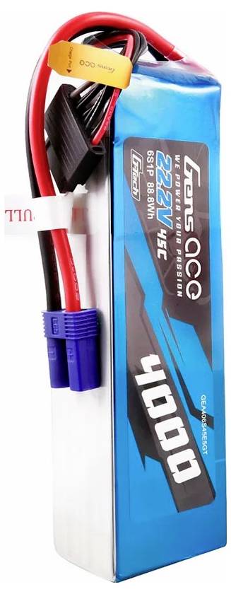 Ein blauer Lithium-Polymer-Akku mit der Aufschrift '22.2V 45C 4000', mit Kabeln und Steckern oben sichtbar.