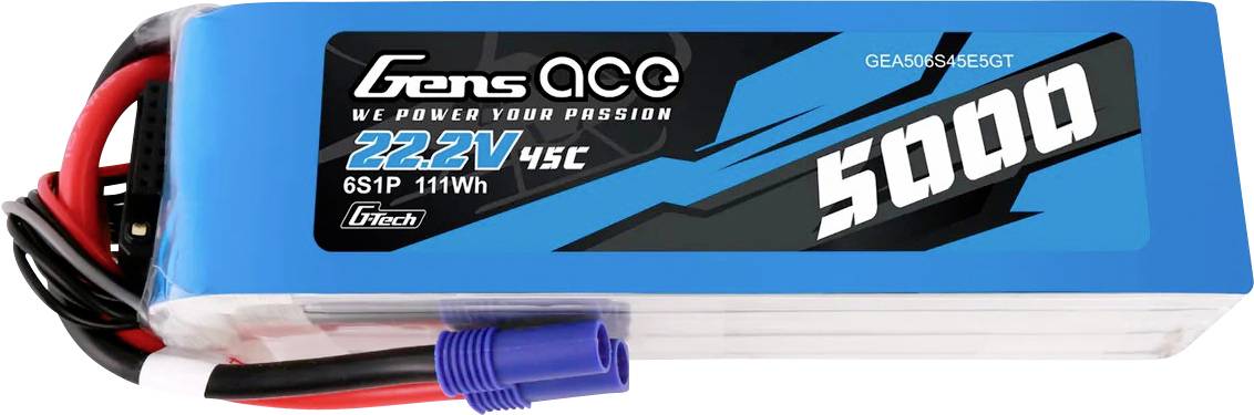 Batterie mit blauer Hülle, 'Gens Ace' Marke. Aufschrift: '5000', '22.2V', '111Wh'. Leistung 45C. Verwendung für Modellbau.