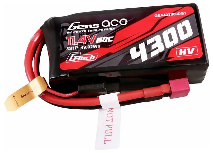 Ein roter Hochspannungs-Akku mit der Aufschrift 'Gens Ace' und '4300', Spannung 11,4V, Kapazität 49,02Wh, mit Kabeln.