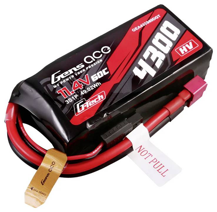 LiPo-Akku von Gens Ace mit 11,4 V, 4300 mAh und 60C. Angaben auf der Verpackung: 'Nicht ziehen' Hinweis mit rotem Kabel.