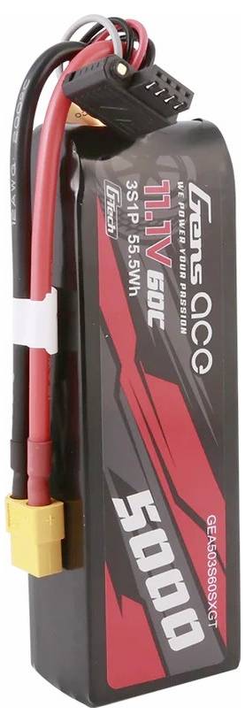 Akkupack mit schwarzem Gehäuse, roten und schwarzen Kabeln und XT60-Stecker, markiert mit '11.1V 60C 5000'.