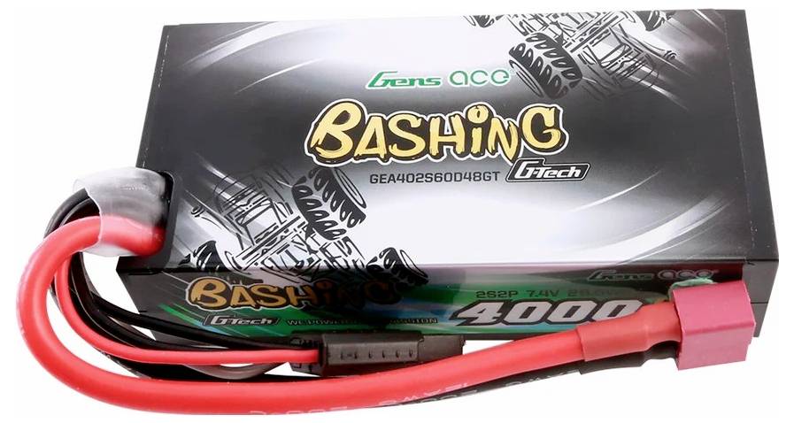'Gens Ace Bashing' LiPo-Akku 4000mAh, 7.4V. Schwarze Verpackung mit gelb-weißer Beschriftung, rotes Kabel mit Stecker sichtbar.
