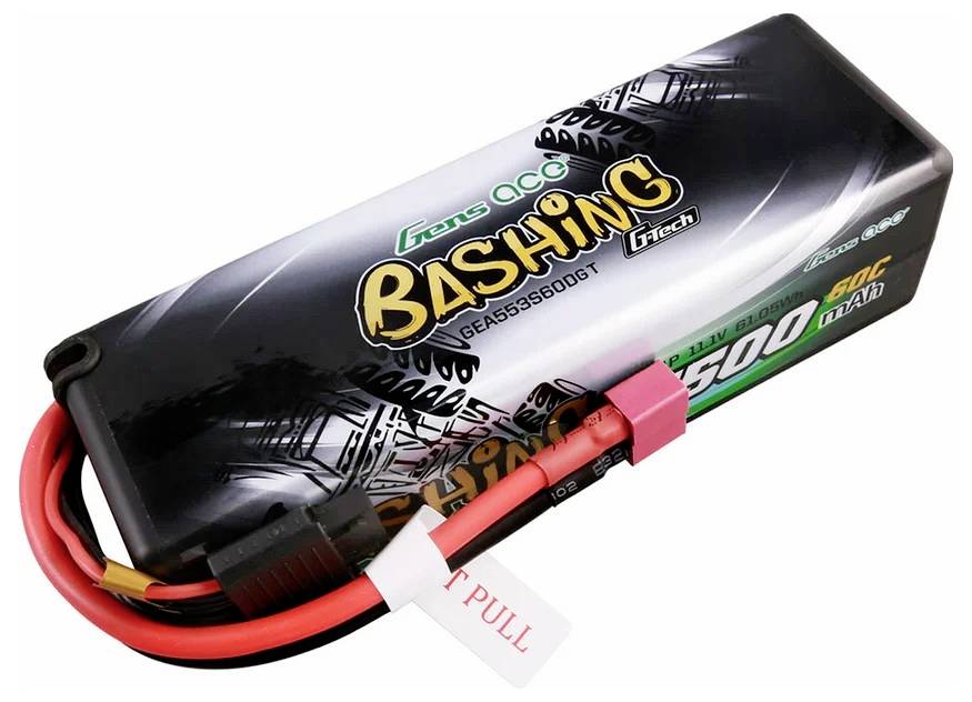 'Gens Ace Bashing' LiPo-Akku, 6500mAh, 60C, schwarzes Design mit gelben Schriftzug, rote und schwarze Anschlusskabel sichtbar.