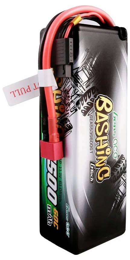 LiPo-Akku mit 5000 mAh, speziell für Hochleistungs-Modelle geeignet. Schwarz mit bunten Aufdrucken und roten Kabeln.