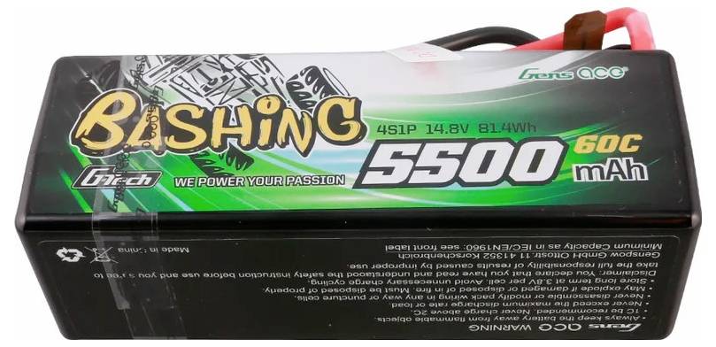 Akkupack mit Aufschrift 'Bashing 5500 60C mAh 14,8V'. Enthält technische Details und ist für RC-Modelle konzipiert.