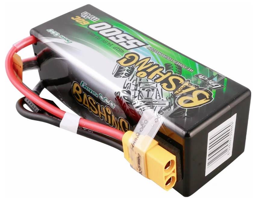 Rechteckiger Lithium-Polymer-Akku mit Kabeln und Steckern. Beschriftet mit der Marke und Kapazität '5200mAh'. Hauptsächlich für Modellbau verwendet.