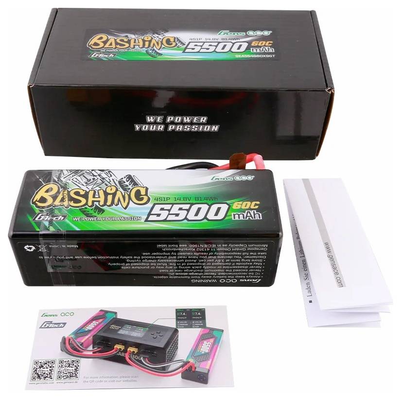 Ein Akku mit der Aufschrift 'Bashing RSIP 14.8V 5500mAh 60C'. Verpackung und Ladezubehör sind ebenfalls abgebildet.