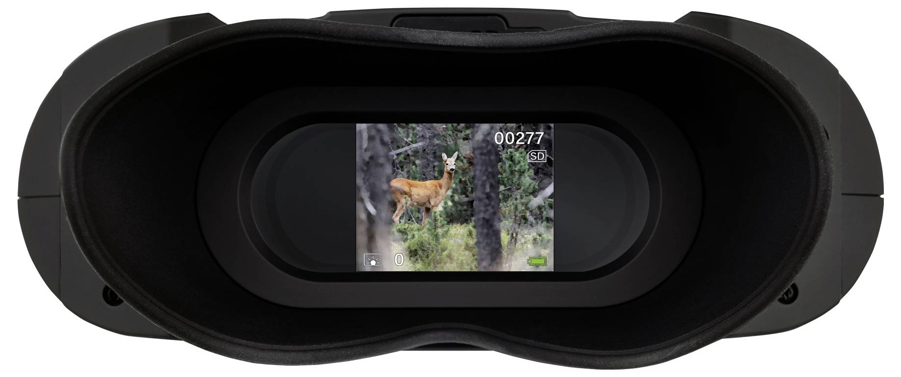 Digitales Fernglas zeigt ein Reh im Wald auf einem Bildschirm, aufgenommen bei 00271 Metern Entfernung.