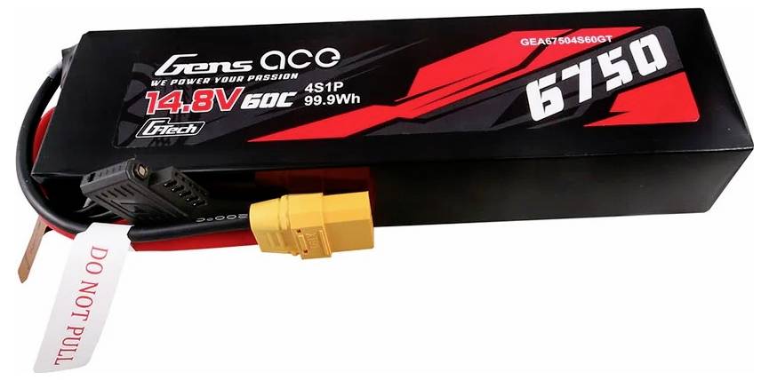 Ein rechteckiger Lithium-Polymer-Akku von Gens Ace; 14,8 V, 6750 mAh, schwarz-rot designt, kennzeichnet 'DO NOT PULL' Etikett.